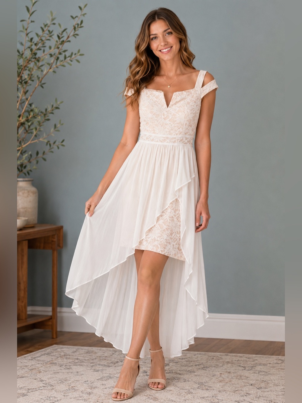 Morgan & Co. Ivory Lace High-Low Cocktail Dress Juniors -9